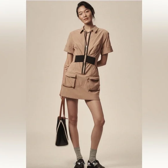 Anthropologie Maeve Tan Utility Shirt Dress Large NWT Zip Front Pockets - Picture 2 of 9